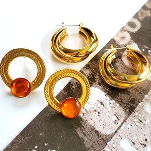 Set of 2 Vintage 90's Gold Tone Hoop & Circle Earrings